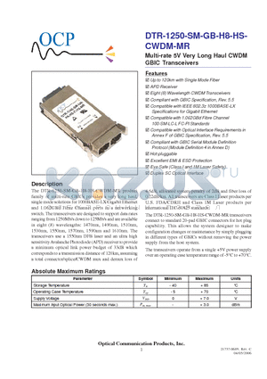 DTR-1250-SM-GB-H8-HS-C550 datasheet - Multi-rate 5V Very Long Haul CWDM GBIC Transceivers