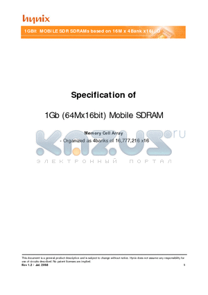H55S1G62MFP-60 datasheet - 1Gb (64Mx16bit) Mobile SDRAM