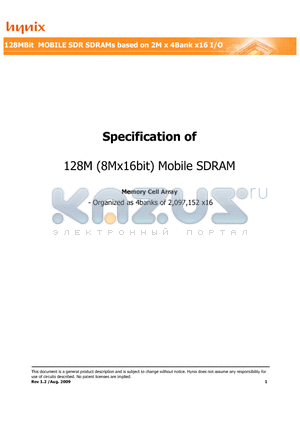 H55S1262EFP-A3M datasheet - 128MBit MOBILE SDR SDRAMs based on 2M x 4Bank x16 I/O