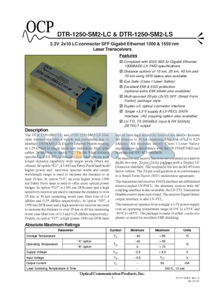 DTR-1250-SM2-LS-L2-M datasheet - 3.3V 2x10 LC connector SFF Gigabit Ethernet 1300 & 1550 nm Laser Transceivers