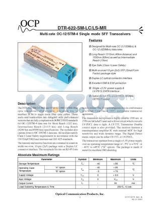 DTR-622-SM-LS-A-HP-IR datasheet - Multi-rate OC-12/STM-4 Single mode SFF Transceivers