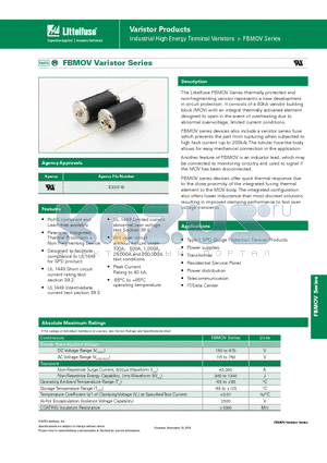 FBMOV datasheet - The Littelfuse FBMOV Series thermally protected and non-fragmenting varistor represents a new development in circuit protection.