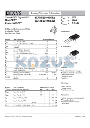 IXFK520N075T2 datasheet - TrenchT2 GigaMOS HiperFET Power MOSFET