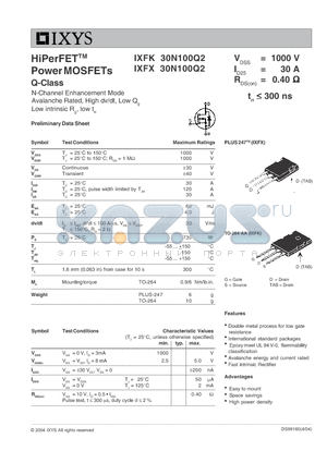 IXFK30N100Q2 datasheet - HiPerFET Power MOSFETs Q-Class