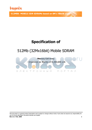 H55S5162DFR-75M datasheet - 512MBit MOBILE SDR SDRAMs based on 8M x 4Bank x16I/O