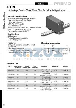 DTRF-020LL datasheet - Low Leakage Current Three Phase Filter for Industrial Applications