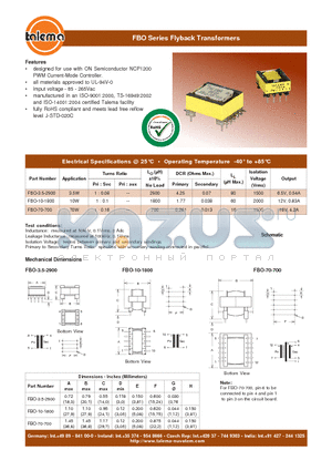 FBO-10-1800 datasheet - FBO Series Flyback Transformers