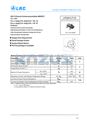 LP2301LT1G datasheet - 20V P-Channel Enhancement-Mode MOSFET