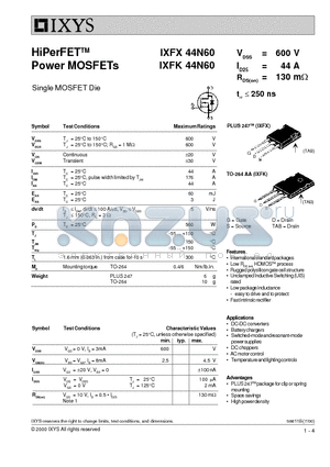 IXFK44N60 datasheet - HiPerFET Power MOSFETs