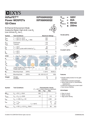 IXFK66N50Q2 datasheet - HiPerFET Power MOSFETs Q2-Class