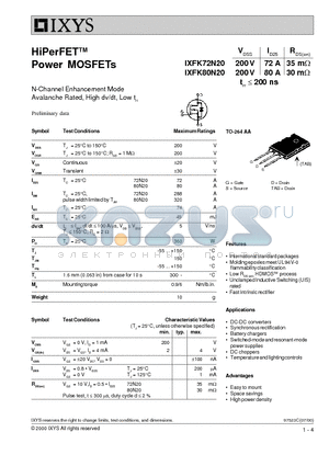 IXFK72N20 datasheet - HiPerFET Power MOSFETs