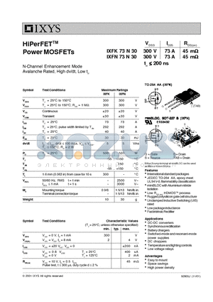 IXFK73N30 datasheet - HiPerFET Power MOSFETs