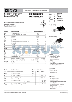 IXFK78N50P3 datasheet - Polar3 HiPerFET Power MOSFET
