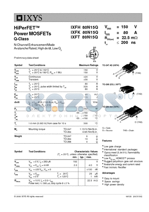 IXFK80N15Q datasheet - HiPerFET Power MOSFETs Q-Class