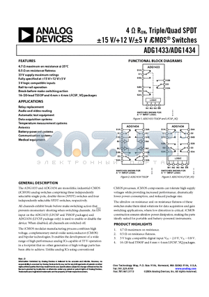 ADG1433YCPZ-REEL datasheet - 4 OHM RON, Triple/Quad SPDT -15 V/12 V/-5 V iCMOS Switches