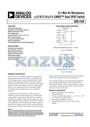 ADG1436 datasheet - 2 Max On Resistance, a15 V/12 V/a5 V iCMOS Dual SPDT Switch