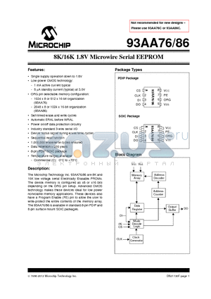 93AA86 datasheet - 8K/16K 1.8V Microwire Serial EEPROM