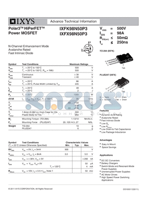 IXFK98N50P3 datasheet - Polar3 HiPerFET Power MOSFET