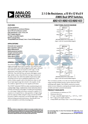 ADG1423 datasheet - 2.1 Y On Resistance, a15 V/12 V/a5 V iCMOS Dual SPST Switches