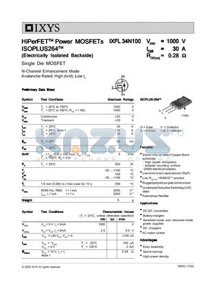 IXFL34N100 datasheet - HiPerFETTM Power MOSFETs ISOPLUS264(Electrically Isolated Backside)