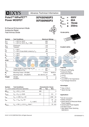 IXFK80N60P3 datasheet - Polar3 HiPerFET Power MOSFET