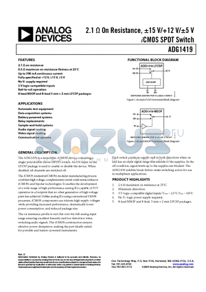 ADG1419BRMZ datasheet - 2.1 Y On Resistance, a15 V/12 V/a5 V iCMOS SPDT Switch