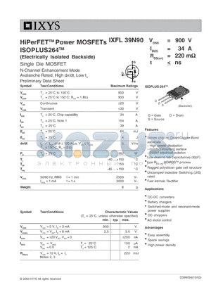 IXFL39N90 datasheet - HiPerFET Power MOSFETs ISOPLUS264