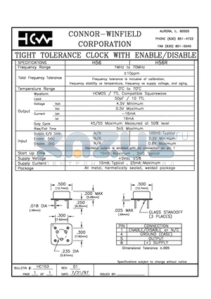 H56 datasheet - TIGHT TOLERANCE CLOCK WITH ENABLE/DISABLE