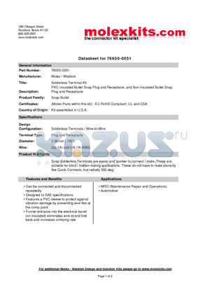 64001-1400 datasheet - PVC Insulated Bullet Snap Plug and Receptacle, and Non-Insulated Bullet Snap Plug and Receptacle