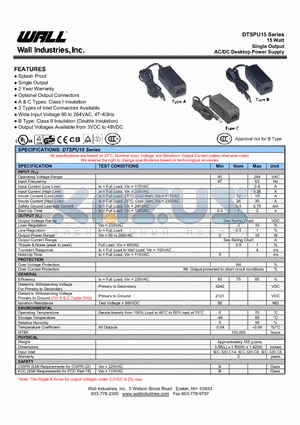 DTSPU15C-104 datasheet - 15 Watt Single Output AC/DC Desktop Power Supply