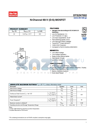 DTS2N7002 datasheet - N-Channel 60-V (D-S) MOSFET Halogen-free
