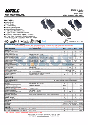 DTSPU16 datasheet - 15 Watt Single Output AC/DC Desktop Power Supply