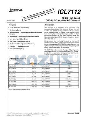 ICL7112JMDL datasheet - 12-Bit, High-Speed, CMOS uP-Compatible A/D Converter