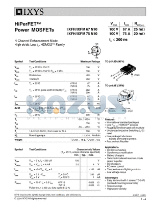 IXFM75N10 datasheet - HiPerFET Power MOSFETs