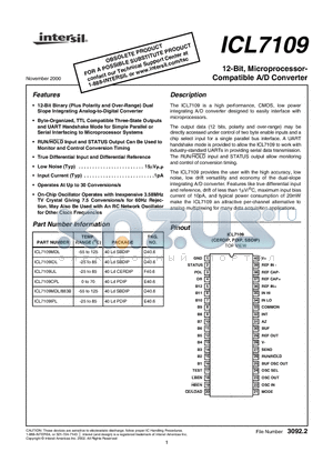 ICL7109IPL datasheet - 12-Bit, Microprocessor- Compatible A/D Converter