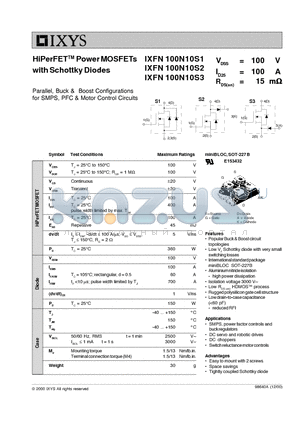 IXFN100N10S1 datasheet - HiPerFET Power MOSFETs with Schottky Diodes