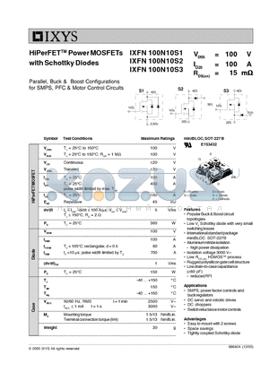 IXFN100N10S2 datasheet - HiPerFET Power MOSFETs with Schottky Diodes