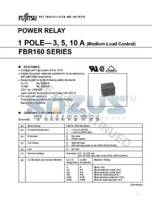 FBR161NED012 datasheet - POWER RELAY 1 POLE-3, 5, 10 A (Medium Load Control)