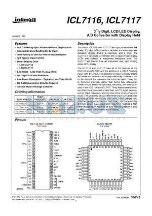 ICL7116CPL datasheet - 31/2 Digit, LCD/LED Display, A/D Converter with Display Hold
