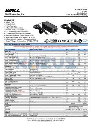 DTSPU20 datasheet - 20 Watt Single Output AC/DC Desktop Power Supply