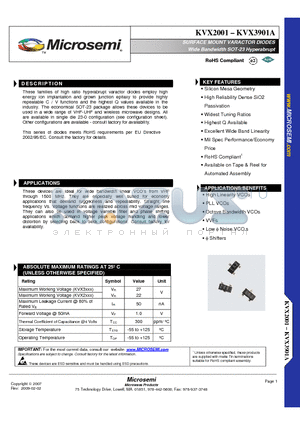 KVX2001 datasheet - SURFACE MOUNT VARACTOR DIODES Wide Bandwidth SOT-23 Hyperabrupt TM