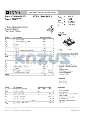 IXFN110N60P3 datasheet - Polar3 HiPerFET Power MOSFET