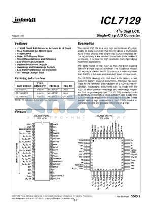 ICL7129CPL datasheet - 41/2 Digit LCD, Single-Chip A/D Converter