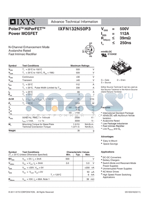 IXFN132N50P3 datasheet - Polar3 HiPerFET Power MOSFET