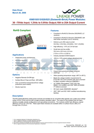 KW015A0F41-SR datasheet - 36 - 75Vdc Input; 1.2 to 5.0Vdc Output; 10 to 25A Output current