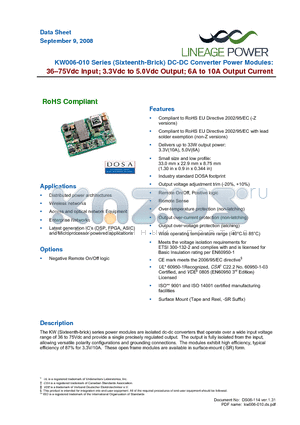 KW006A0A41-SRZ datasheet - 36 - 75Vdc Input; 3.3 to 5.0Vdc Output; 6 to 10A Output Current