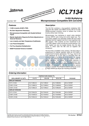 ICL7134UKIJI datasheet - 14-Bit Multiplying Microprocessor-Compatible D/A Converter