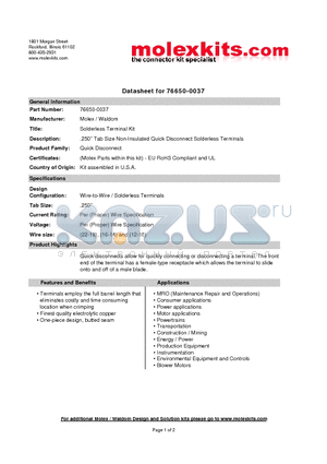 64003-1200 datasheet - .250 Tab Size Non-Insulated Quick Disconnect Solderless Terminals