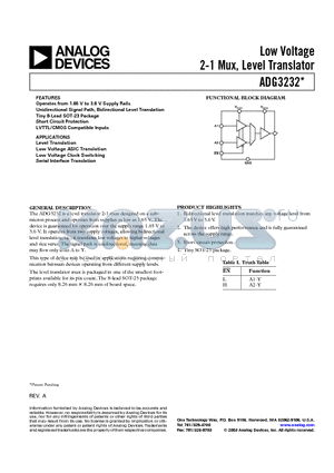 ADG3232BRJ-REEL datasheet - Low Voltage 2-1 Mux, Level Translator