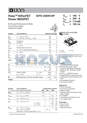 IXFN200N10P datasheet - Polar HiPerFET Power MOSFET